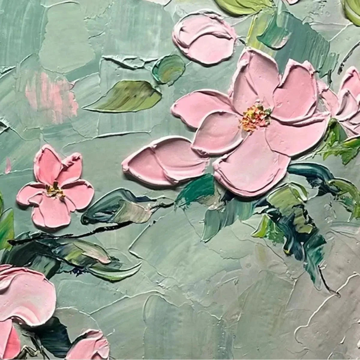 SPRING BLOSSOM: Textured Pink Floral Painting on Green Background | rolled canvas, ready for custom framing