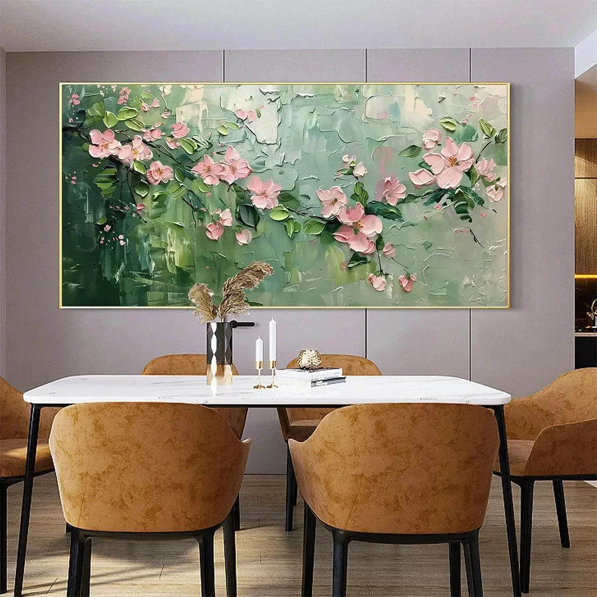 SPRING BLOSSOM: Textured Pink Floral Painting on Green Background | black frame version on white wall