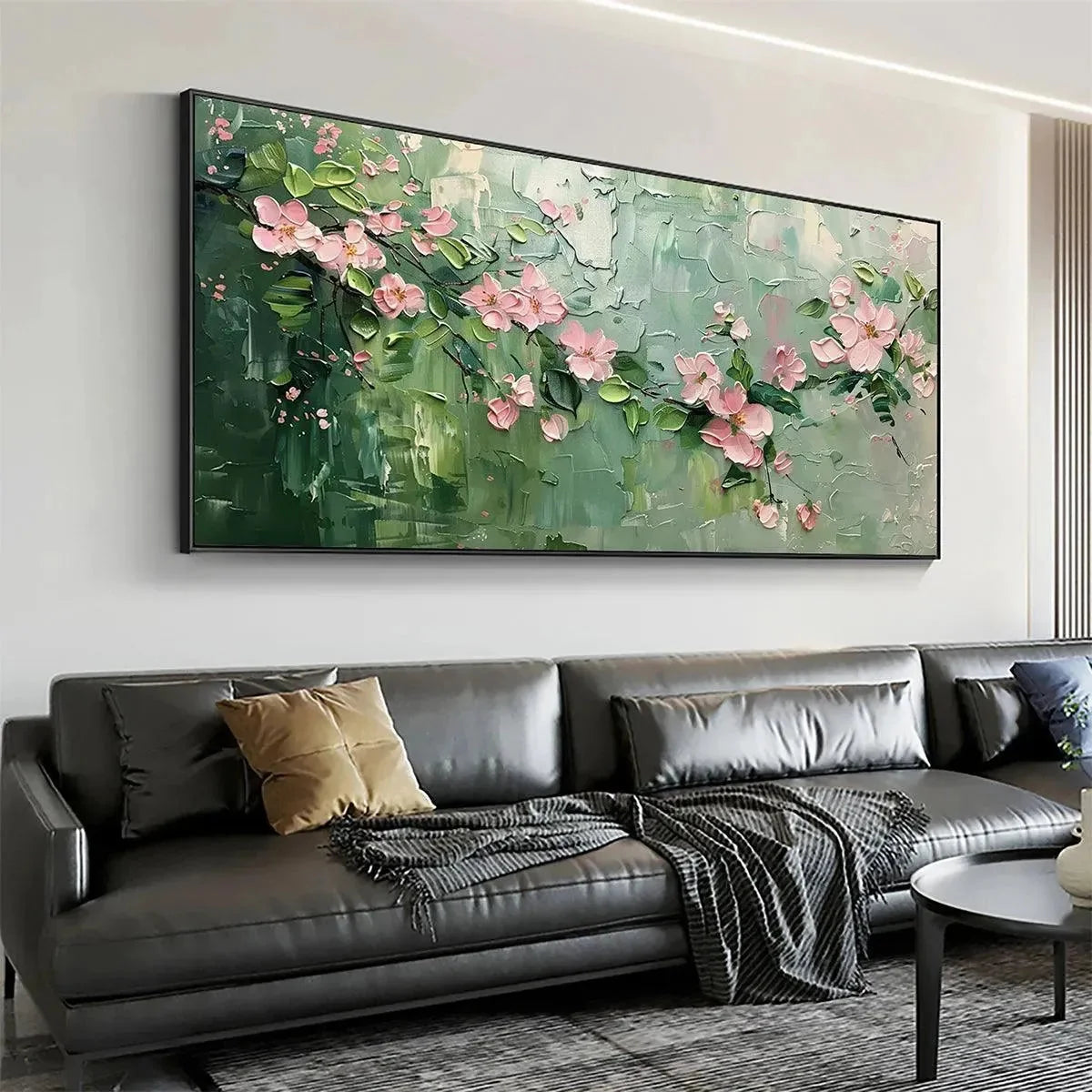 SPRING BLOSSOM: Textured Pink Floral Painting on Green Background | Abstract mood, soft natural light studio shot