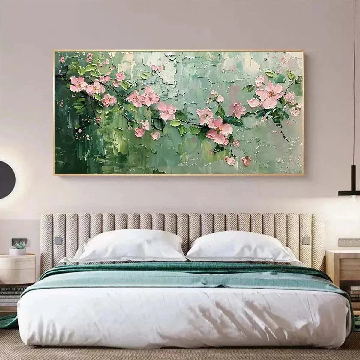 SPRING BLOSSOM: Textured Pink Floral Painting on Green Background | green palette, original oil on stretched canvas art