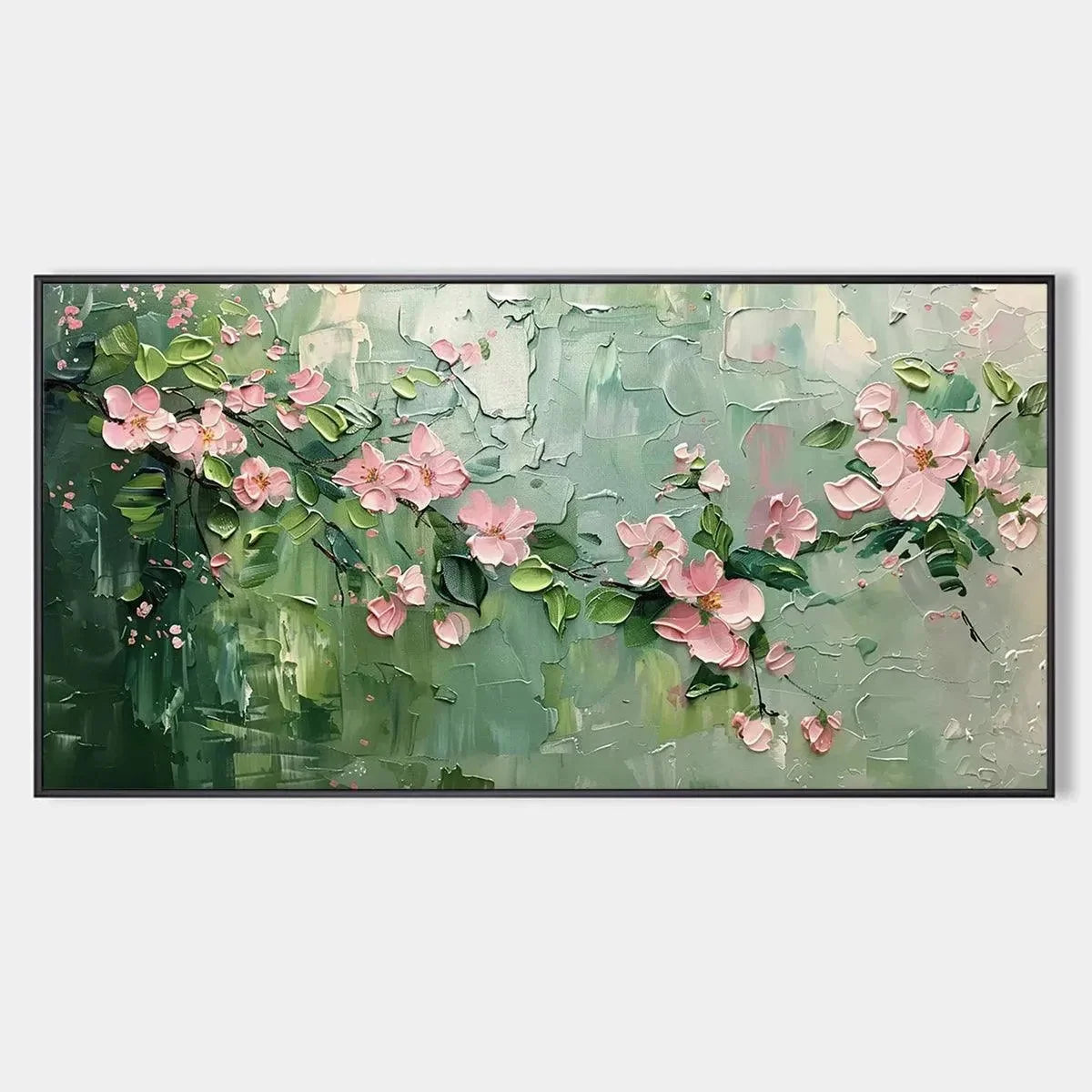 SPRING BLOSSOM: Textured Pink Floral Painting on Green Background | hanging in living room, Abstract wall art