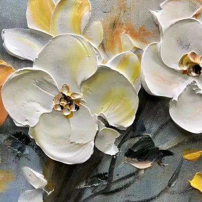 SPRING BLOSSOMS: Textured Floral Painting in White and Gold | rectangular format, hand-painted canvas edge