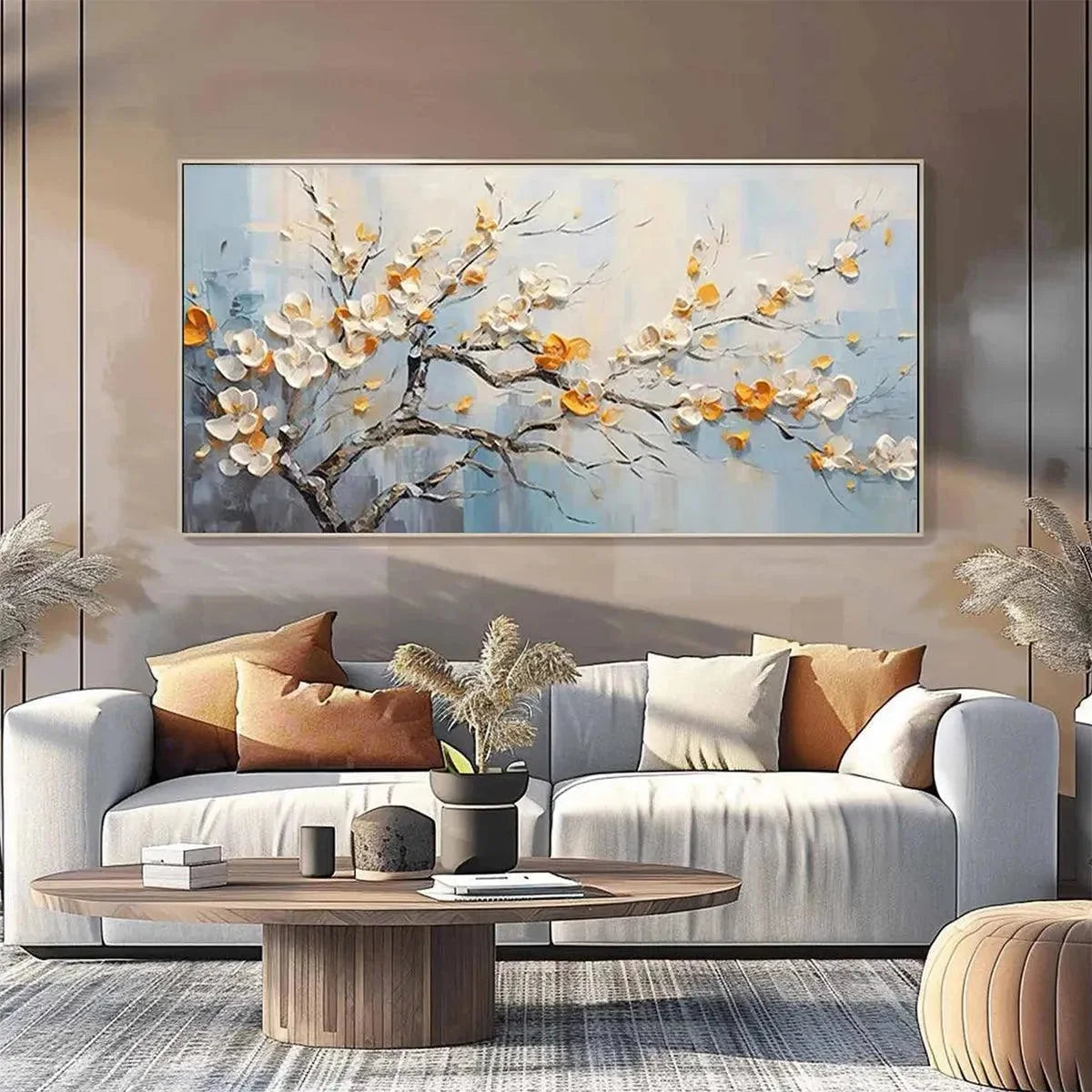 SPRING BLOSSOMS: Textured Floral Painting in White and Gold | gold frame stretched on neutral wall
