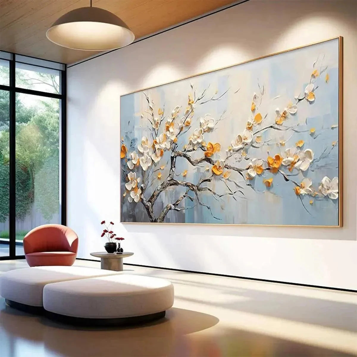 SPRING BLOSSOMS: Textured Floral Painting in White and Gold | rolled canvas, ready for custom framing