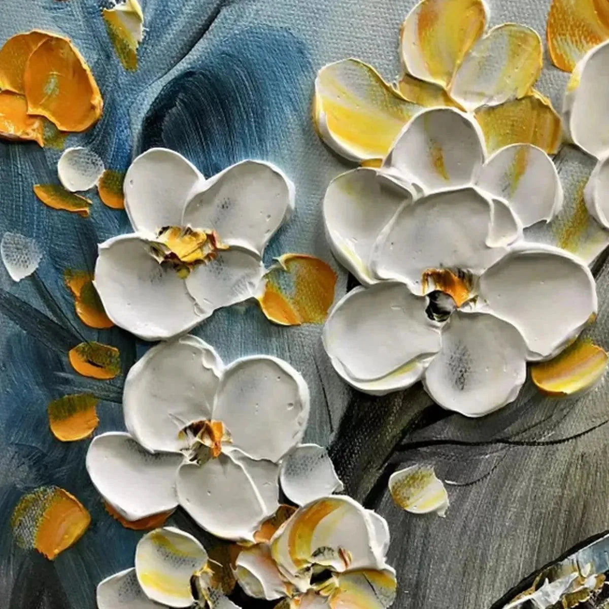 SPRING BLOSSOMS: Textured Floral Painting in White and Gold | black frame version on white wall