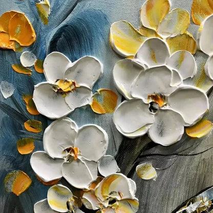 SPRING BLOSSOMS: Textured Floral Painting in White and Gold | black frame version on white wall