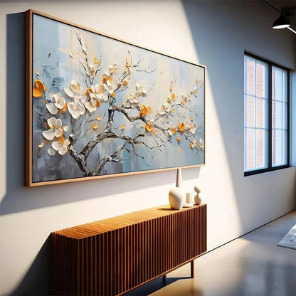 SPRING BLOSSOMS: Textured Floral Painting in White and Gold | Abstract mood, soft natural light studio shot