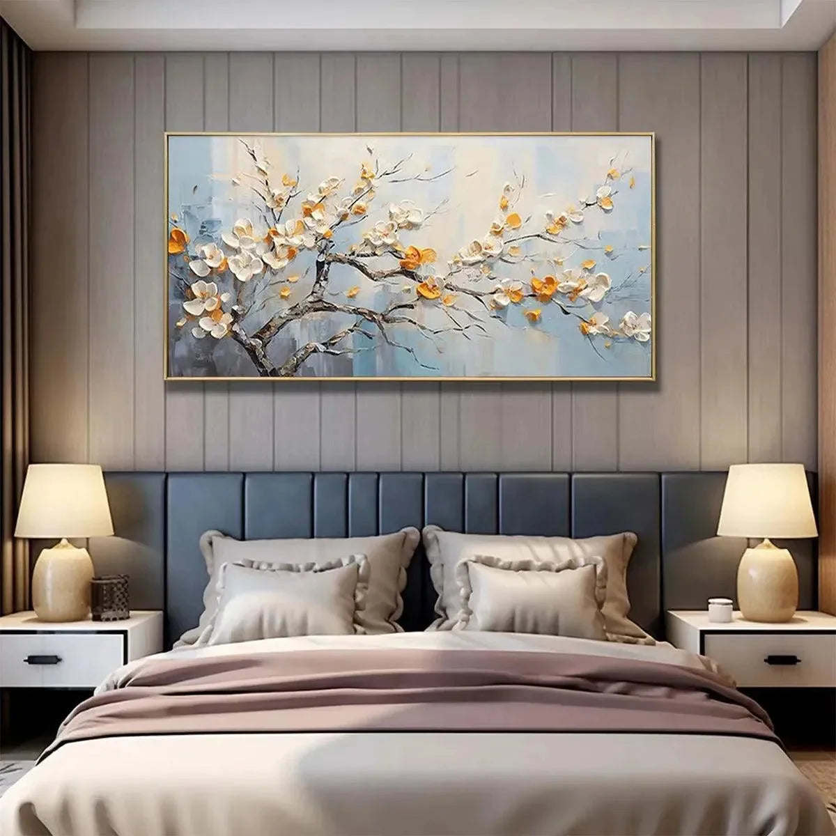 SPRING BLOSSOMS: Textured Floral Painting in White and Gold | yellow palette, original oil on stretched canvas art