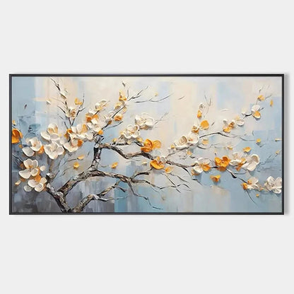 SPRING BLOSSOMS: Textured Floral Painting in White and Gold | hanging in living room, Abstract wall art