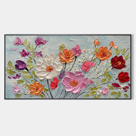 SPRING BOUQUET: Panoramic Impasto Painting of Colorful Flowers, Textured Floral Wall Art for Living Room, Bedroom | hanging in living room, Abstract wall art