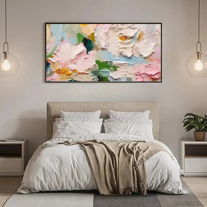 SPRING BOUQUET: Textured Floral Painting, Pastel Wall Art, Panoramic Canvas, Impasto Decor | Abstract closeup, raised brushwork detail