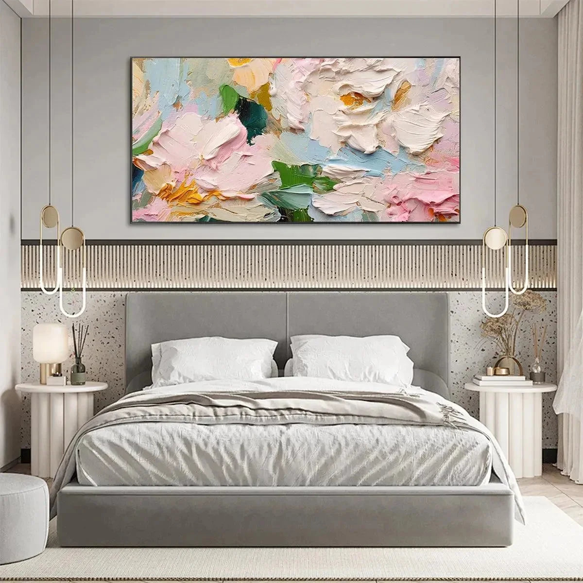 SPRING BOUQUET: Textured Floral Painting, Pastel Wall Art, Panoramic Canvas, Impasto Decor | gold frame stretched on neutral wall