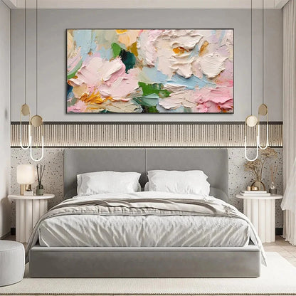 SPRING BOUQUET: Textured Floral Painting, Pastel Wall Art, Panoramic Canvas, Impasto Decor | gold frame stretched on neutral wall