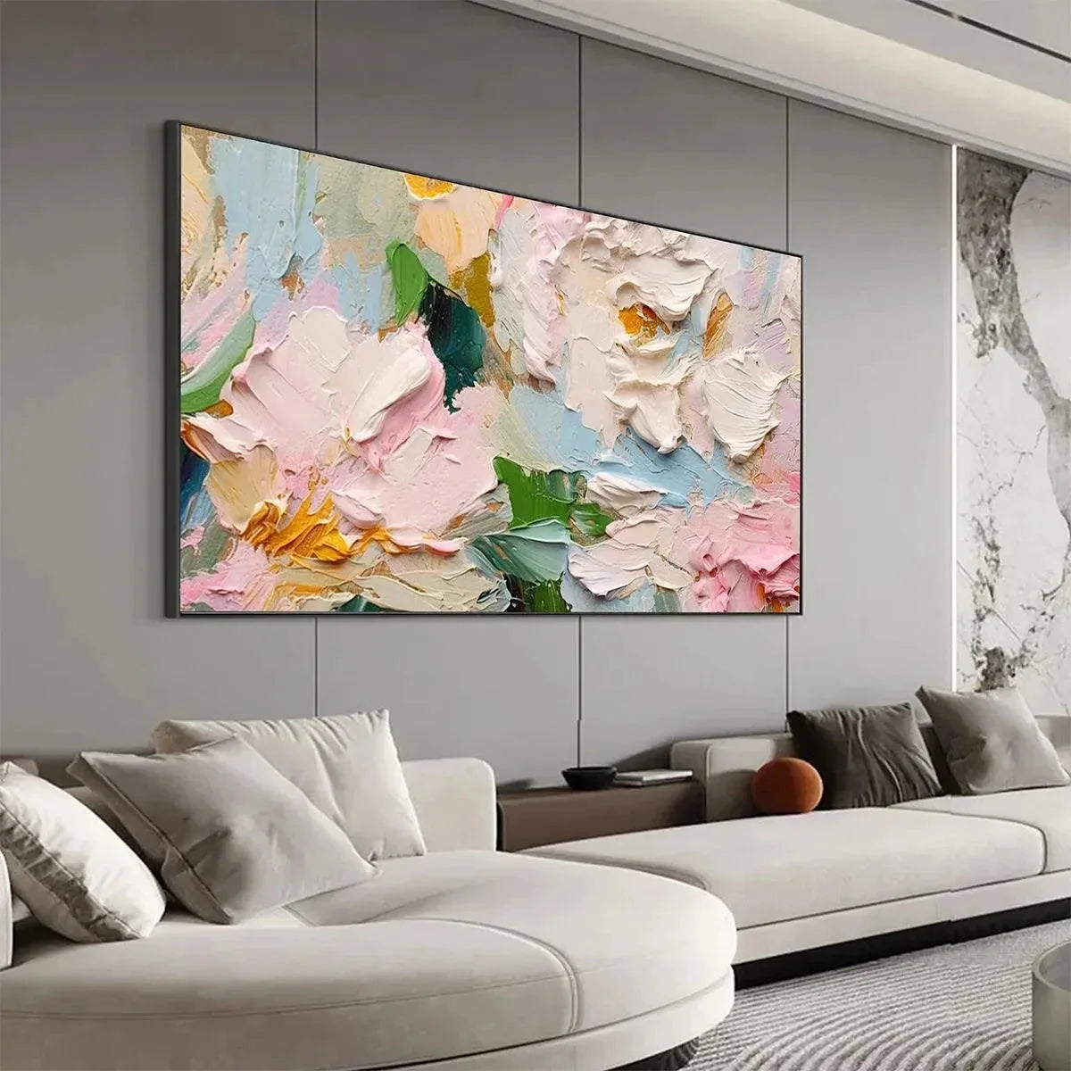 SPRING BOUQUET: Textured Floral Painting, Pastel Wall Art, Panoramic Canvas, Impasto Decor | rolled canvas, ready for custom framing