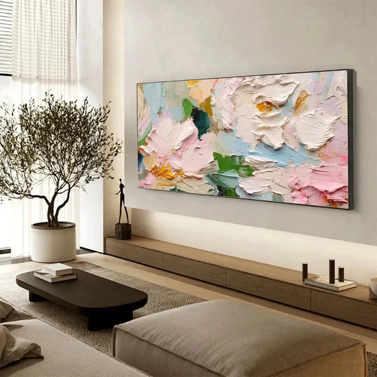 SPRING BOUQUET: Textured Floral Painting, Pastel Wall Art, Panoramic Canvas, Impasto Decor | black frame version on white wall
