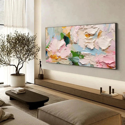 SPRING BOUQUET: Textured Floral Painting, Pastel Wall Art, Panoramic Canvas, Impasto Decor | black frame version on white wall