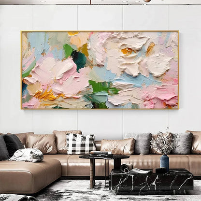 SPRING BOUQUET: Textured Floral Painting, Pastel Wall Art, Panoramic Canvas, Impasto Decor | Abstract mood, soft natural light studio shot