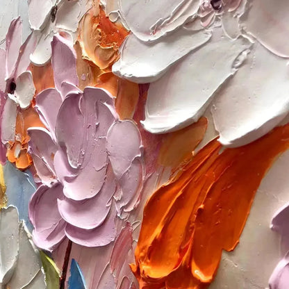 SPRING BOUQUET: Textured Impasto Floral Painting in Pastel Rainbow Colors | rectangular format, hand-painted canvas edge