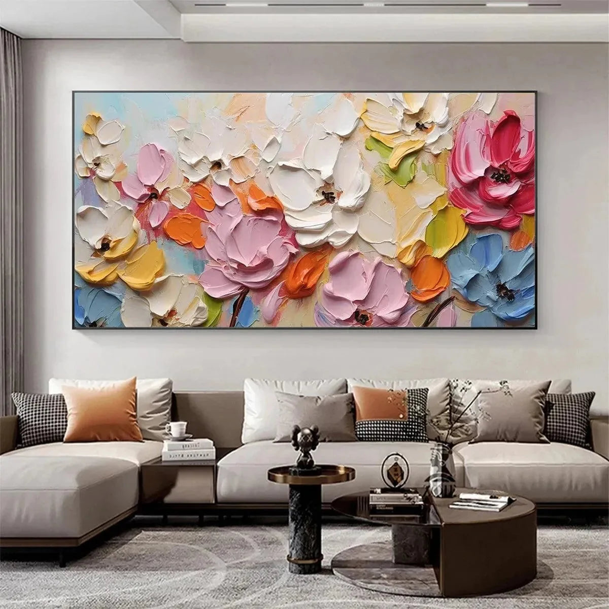 SPRING BOUQUET: Textured Impasto Floral Painting in Pastel Rainbow Colors | gold frame stretched on neutral wall