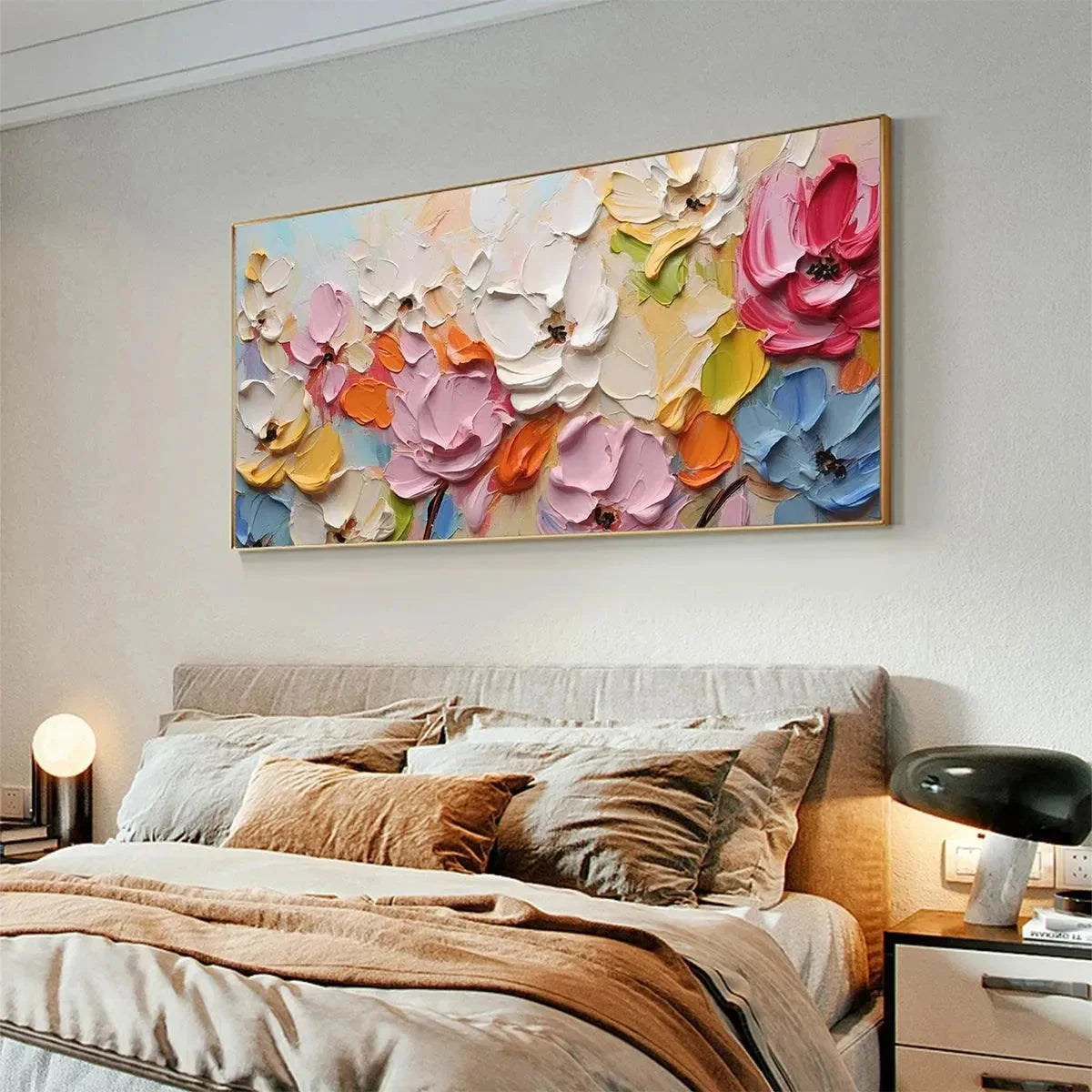 SPRING BOUQUET: Textured Impasto Floral Painting in Pastel Rainbow Colors | Abstract mood, soft natural light studio shot