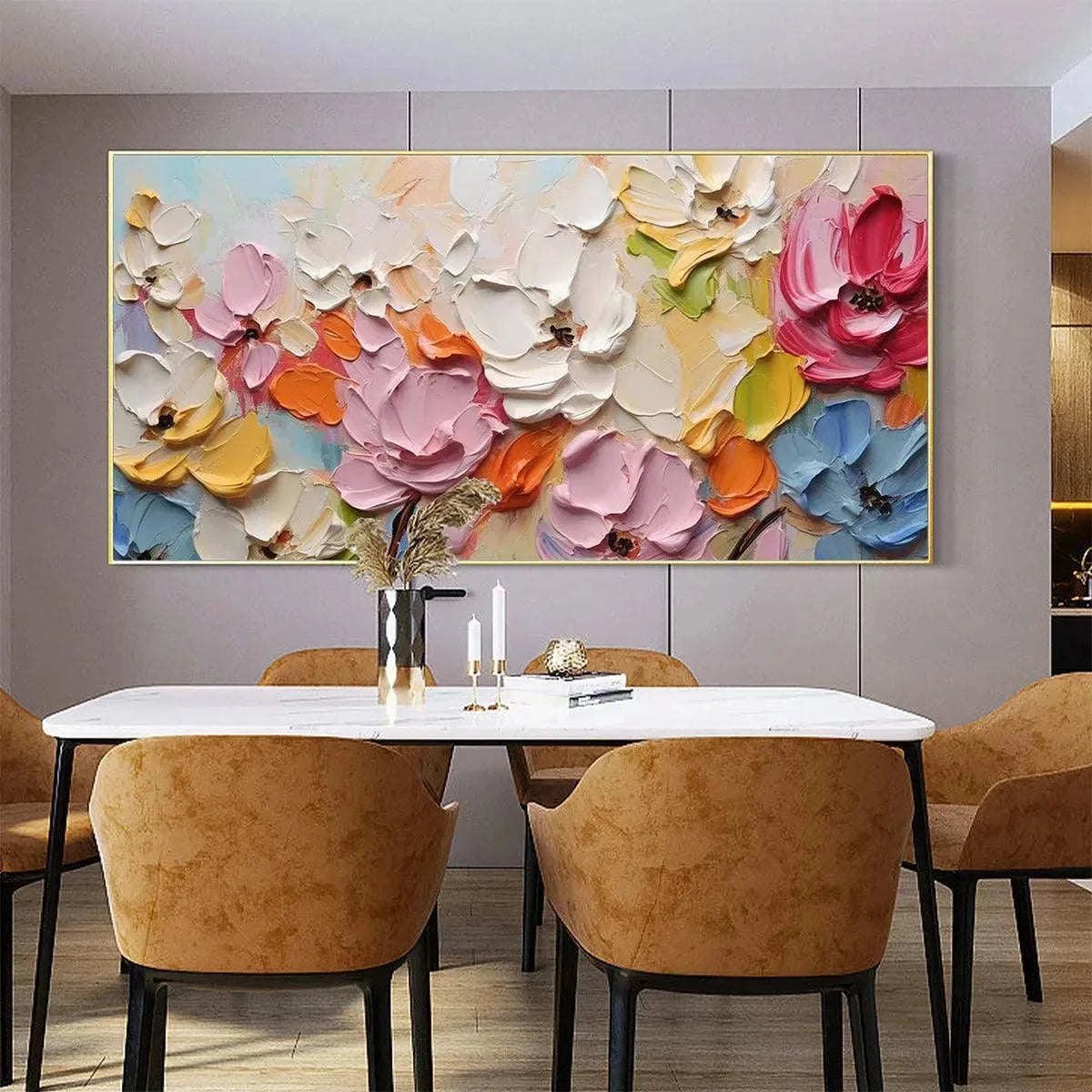 SPRING BOUQUET: Textured Impasto Floral Painting in Pastel Rainbow Colors | multi-color palette, original oil on stretched canvas art