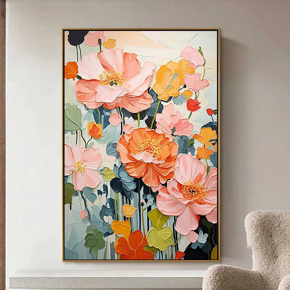 SPRING BOUQUET: Vertical Textured Floral Painting, Impasto Pink and Orange Flowers, Living Room, Bedroom, Dining Room | Abstract closeup, raised brushwork detail