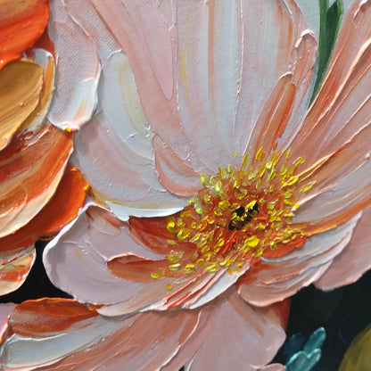 SPRING BOUQUET: Vertical Textured Floral Painting, Impasto Pink and Orange Flowers, Living Room, Bedroom, Dining Room | rectangular format, hand-painted canvas edge