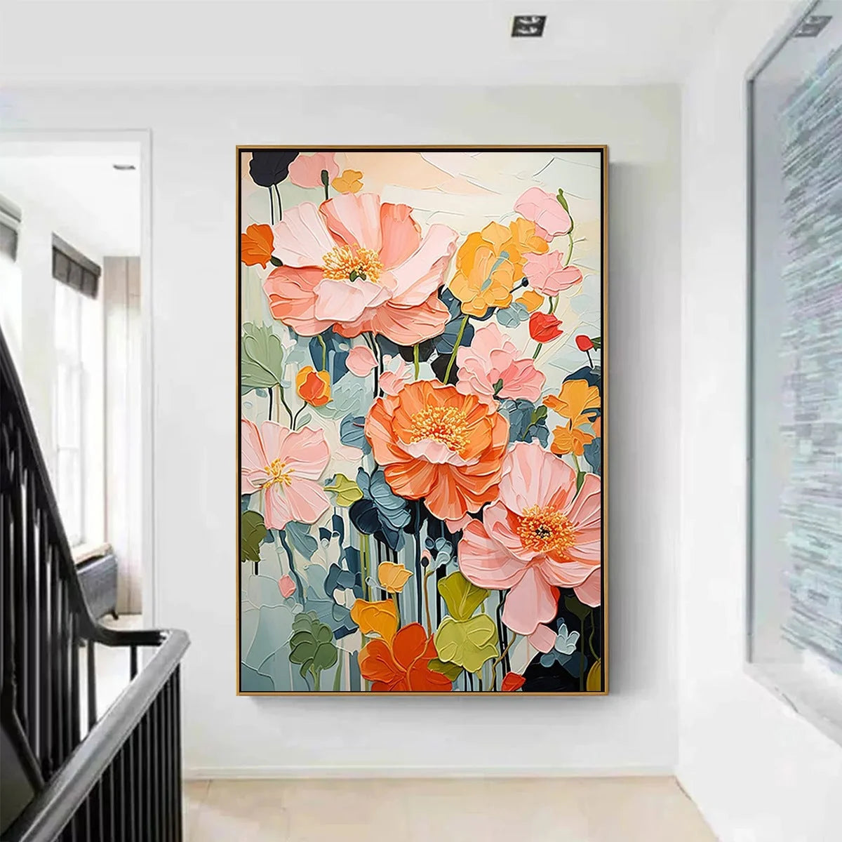 SPRING BOUQUET: Vertical Textured Floral Painting, Impasto Pink and Orange Flowers, Living Room, Bedroom, Dining Room | gold frame stretched on neutral wall