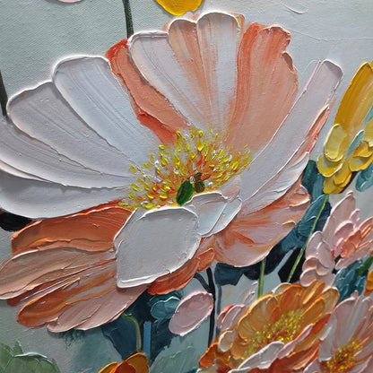 SPRING BOUQUET: Vertical Textured Floral Painting, Impasto Pink and Orange Flowers, Living Room, Bedroom, Dining Room | rolled canvas, ready for custom framing