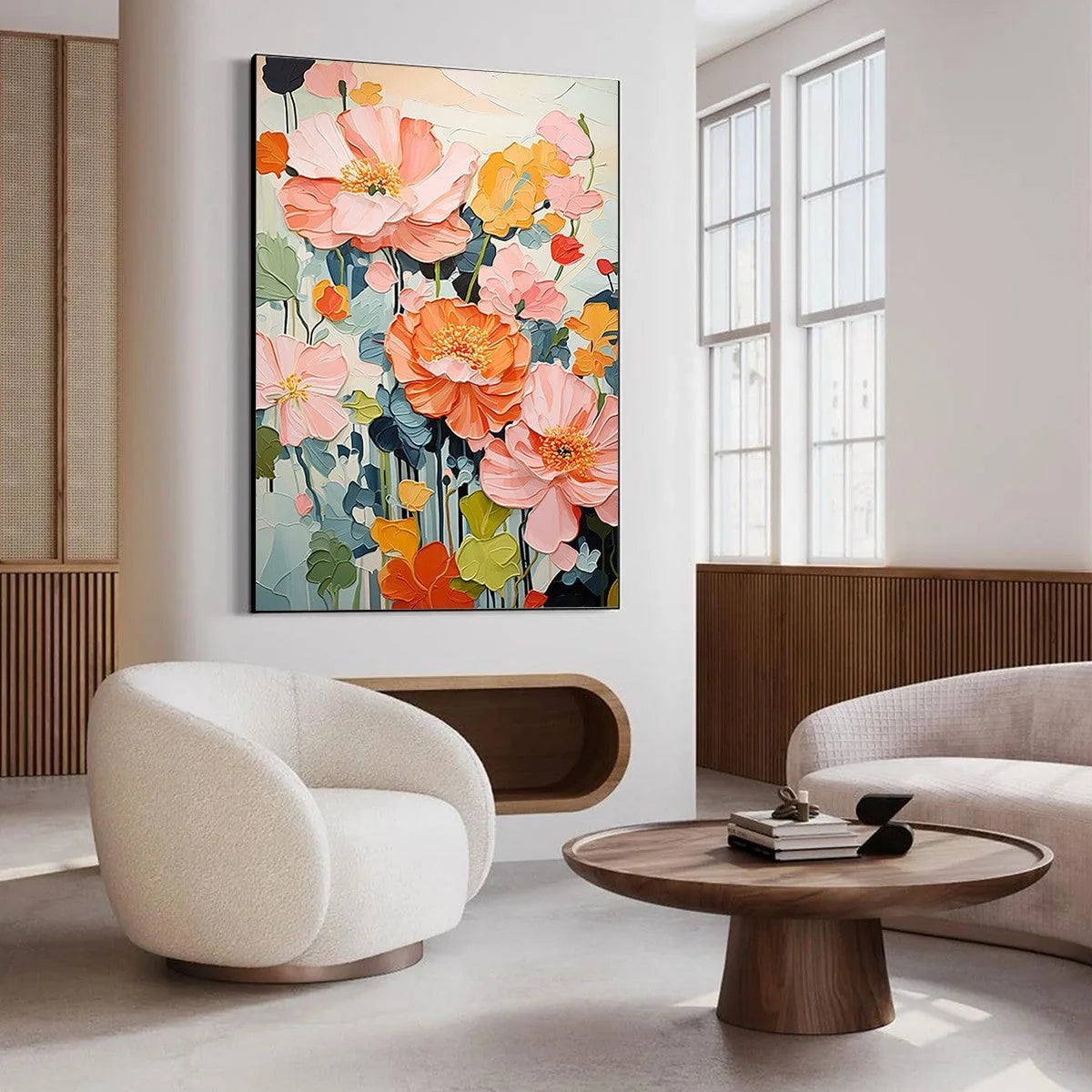 SPRING BOUQUET: Vertical Textured Floral Painting, Impasto Pink and Orange Flowers, Living Room, Bedroom, Dining Room | black frame version on white wall