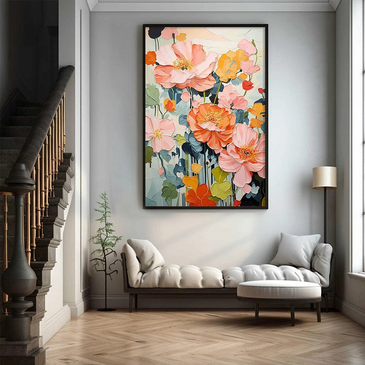 SPRING BOUQUET: Vertical Textured Floral Painting, Impasto Pink and Orange Flowers, Living Room, Bedroom, Dining Room | Abstract mood, soft natural light studio shot