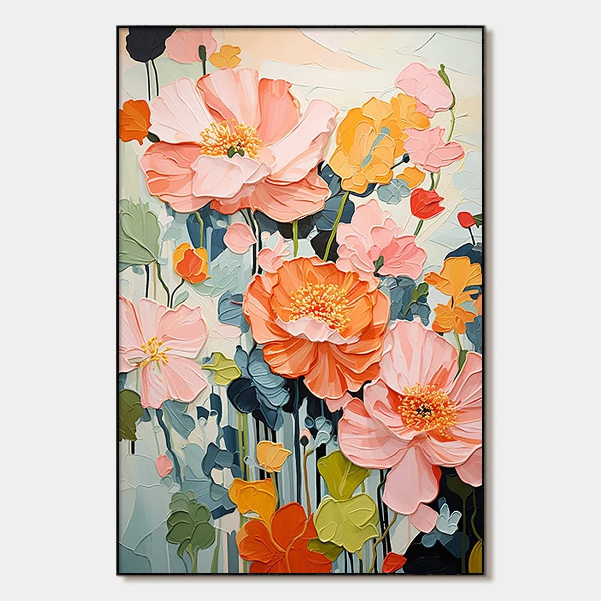 SPRING BOUQUET: Vertical Textured Floral Painting, Impasto Pink and Orange Flowers, Living Room, Bedroom, Dining Room | hanging in living room, Abstract wall art