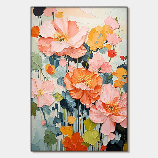SPRING BOUQUET: Vertical Textured Floral Painting, Impasto Pink and Orange Flowers, Living Room, Bedroom, Dining Room | hanging in living room, Abstract wall art