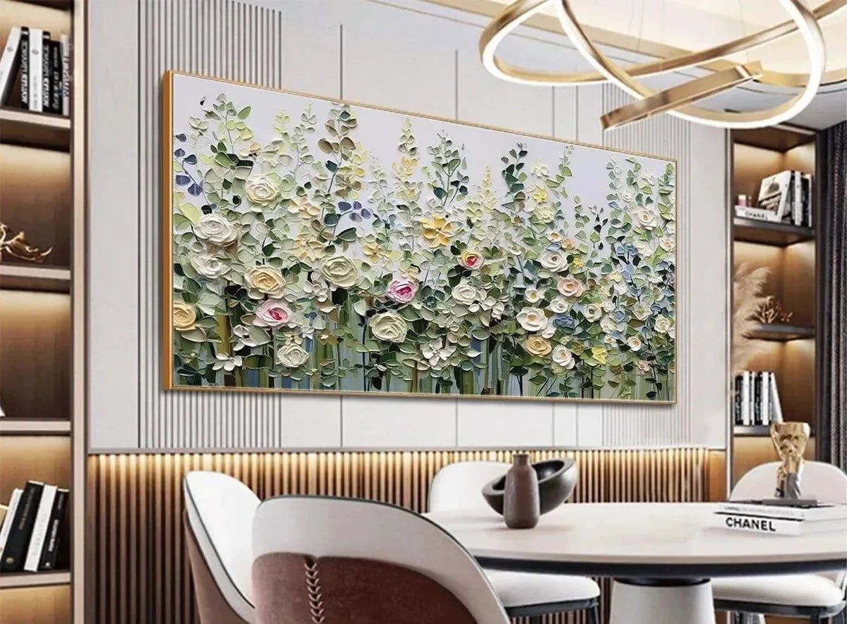 SPRING MEADOW: Textured Impasto Floral Meadow Painting | gold frame stretched on neutral wall
