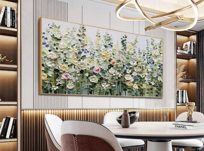 SPRING MEADOW: Textured Impasto Floral Meadow Painting | gold frame stretched on neutral wall