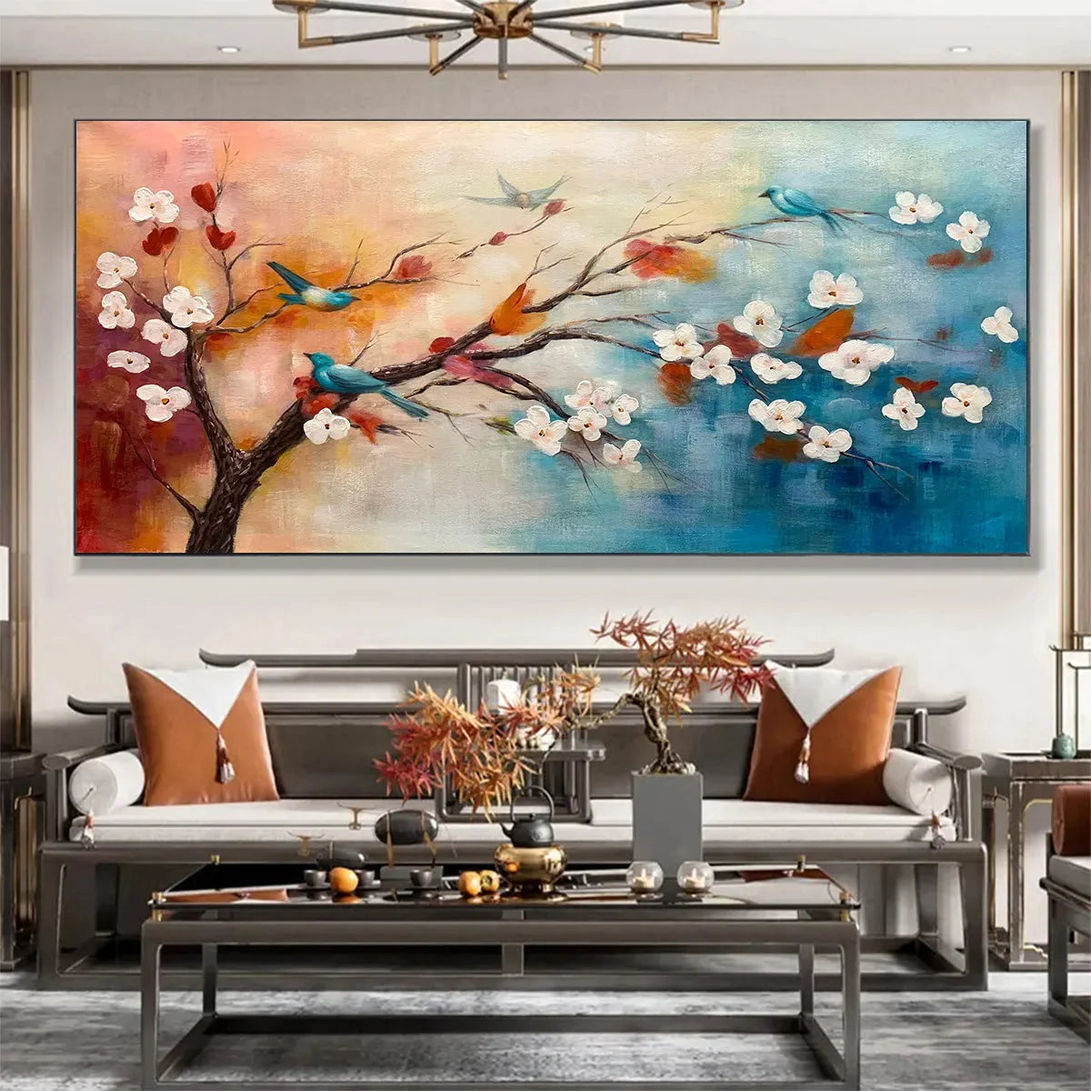 SPRING MELODY: Panoramic Blossom Tree Painting with Colorful Birds | Figurative closeup, raised brushwork detail