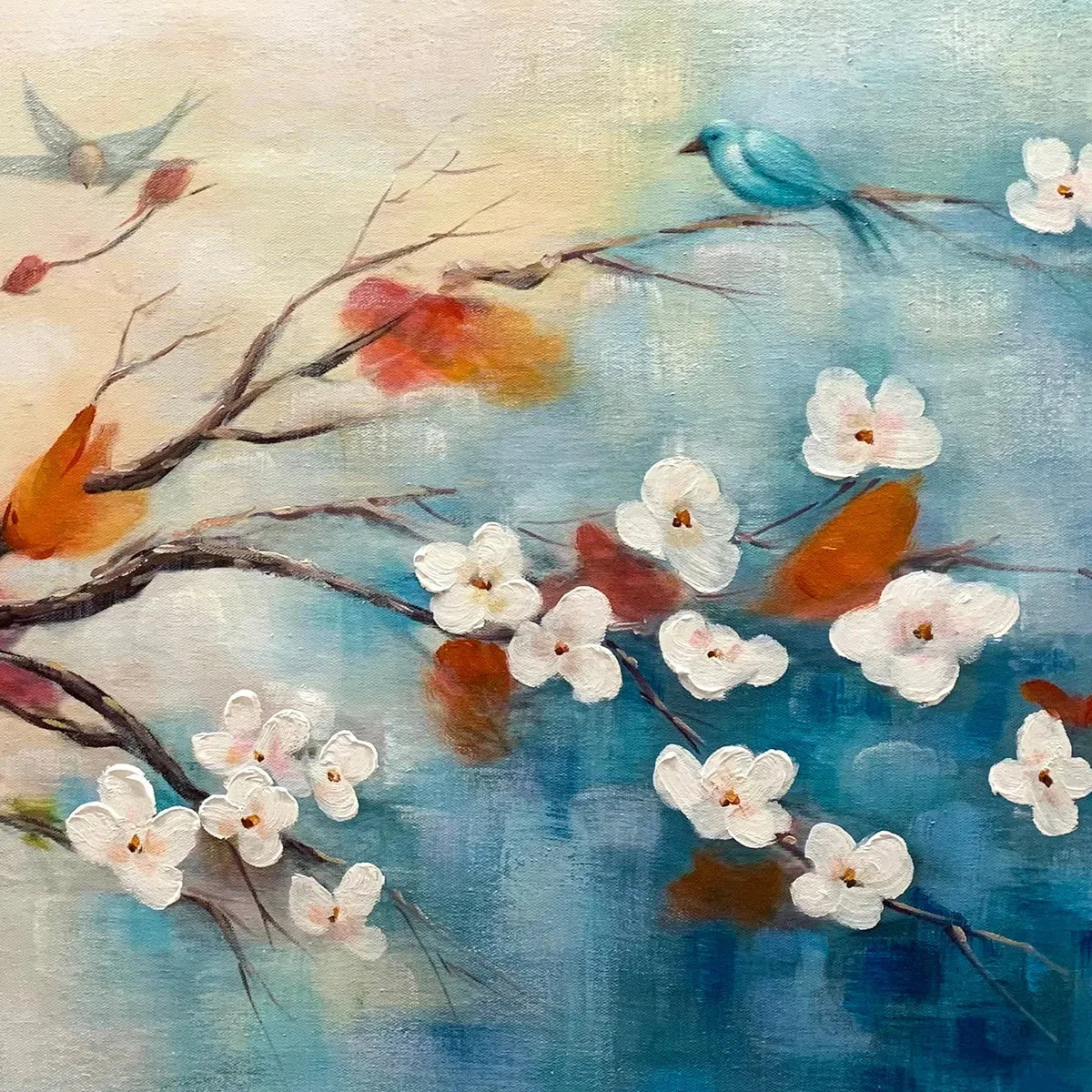 SPRING MELODY: Panoramic Blossom Tree Painting with Colorful Birds | rectangular format, hand-painted canvas edge