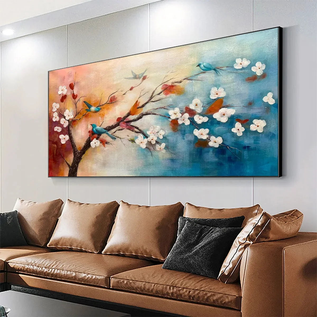 SPRING MELODY: Panoramic Blossom Tree Painting with Colorful Birds | gold frame stretched on neutral wall