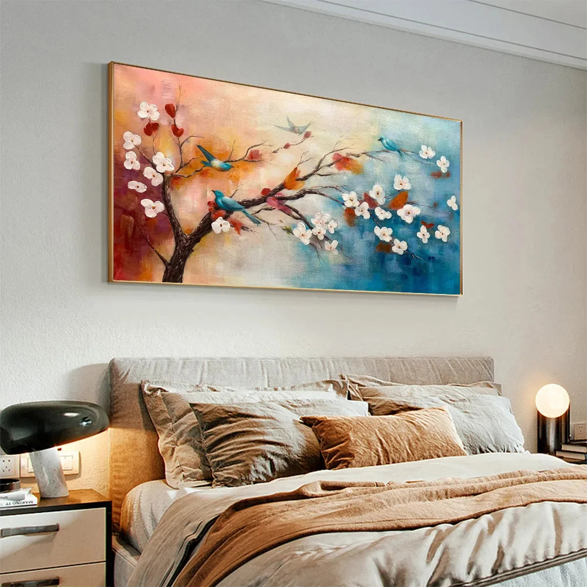 SPRING MELODY: Panoramic Blossom Tree Painting with Colorful Birds | rolled canvas, ready for custom framing
