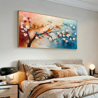 SPRING MELODY: Panoramic Blossom Tree Painting with Colorful Birds | rolled canvas, ready for custom framing
