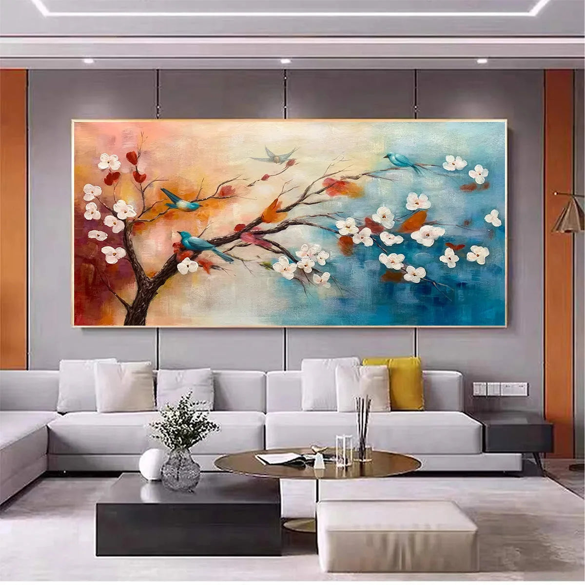 SPRING MELODY: Panoramic Blossom Tree Painting with Colorful Birds | black frame version on white wall