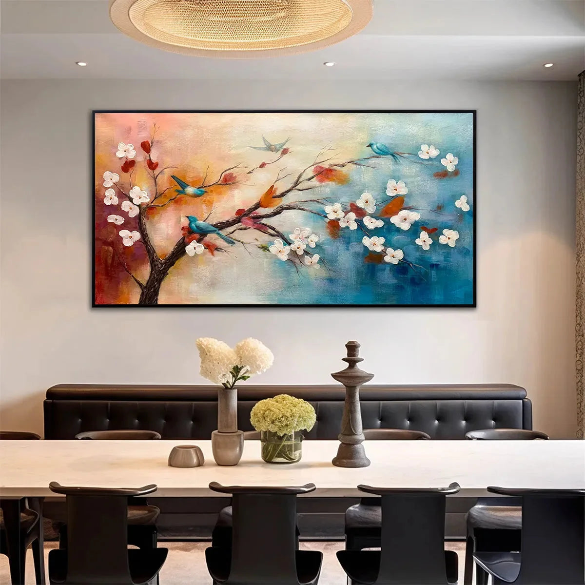 SPRING MELODY: Panoramic Blossom Tree Painting with Colorful Birds | multi-color palette, original oil on stretched canvas art