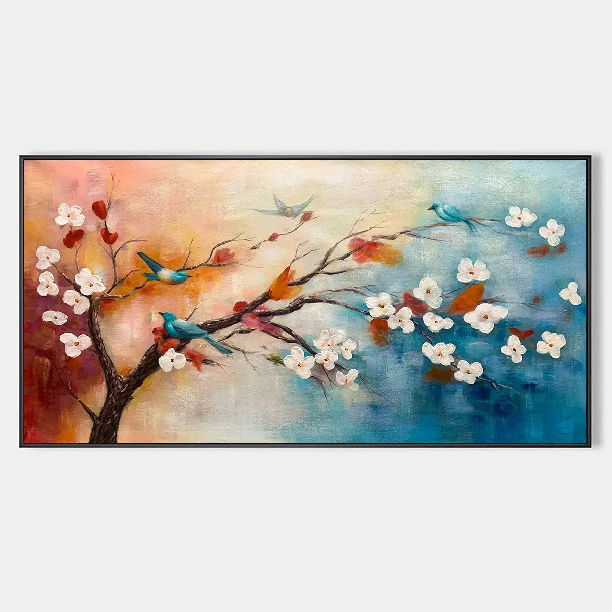 SPRING MELODY: Panoramic Blossom Tree Painting with Colorful Birds | hanging in living room, Figurative wall art