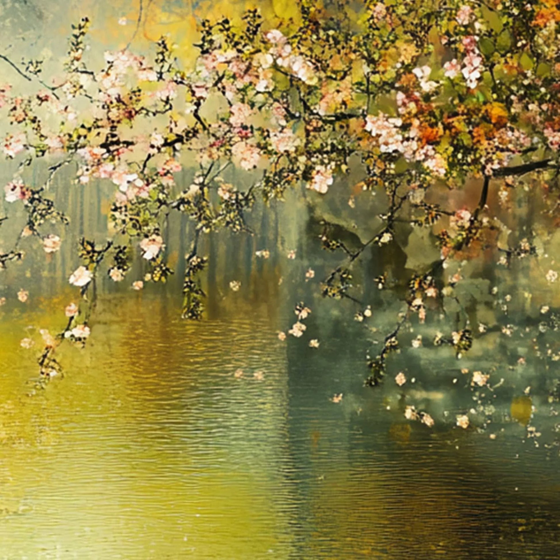 SPRING REVERIE: Impressionist Floral Landscape Oil Painting | gold frame stretched on neutral wall