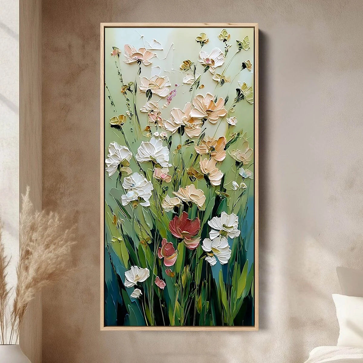 SPRING'S EMBRACE: Vertical Impasto Wildflower Meadow Painting | Abstract closeup, raised brushwork detail