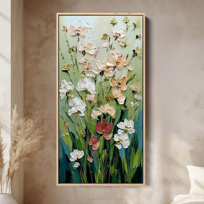 SPRING'S EMBRACE: Vertical Impasto Wildflower Meadow Painting | Abstract closeup, raised brushwork detail