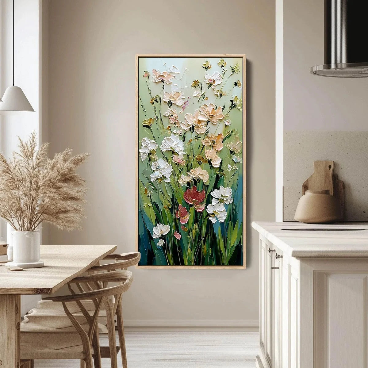 SPRING'S EMBRACE: Vertical Impasto Wildflower Meadow Painting | gold frame stretched on neutral wall