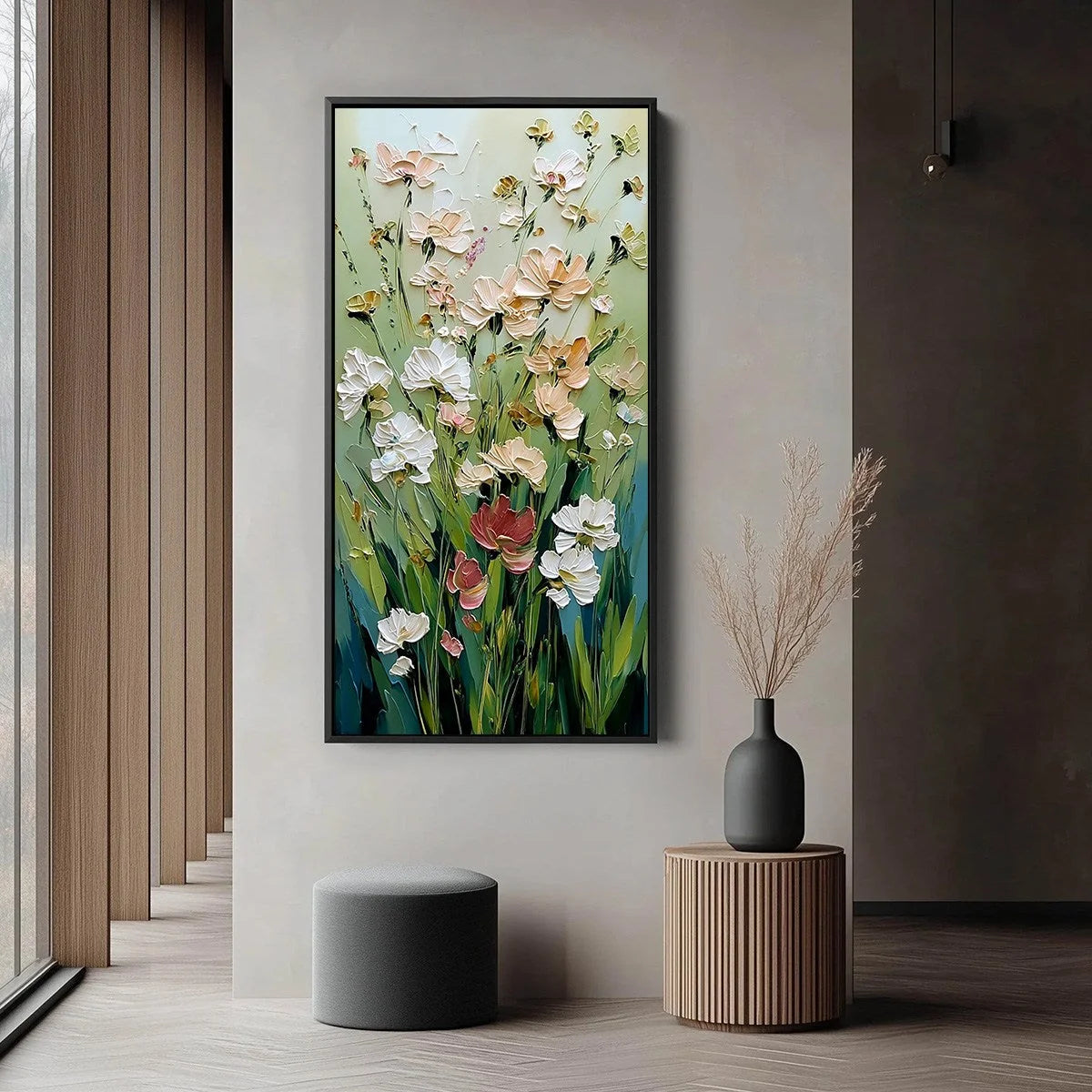 SPRING'S EMBRACE: Vertical Impasto Wildflower Meadow Painting | black frame version on white wall