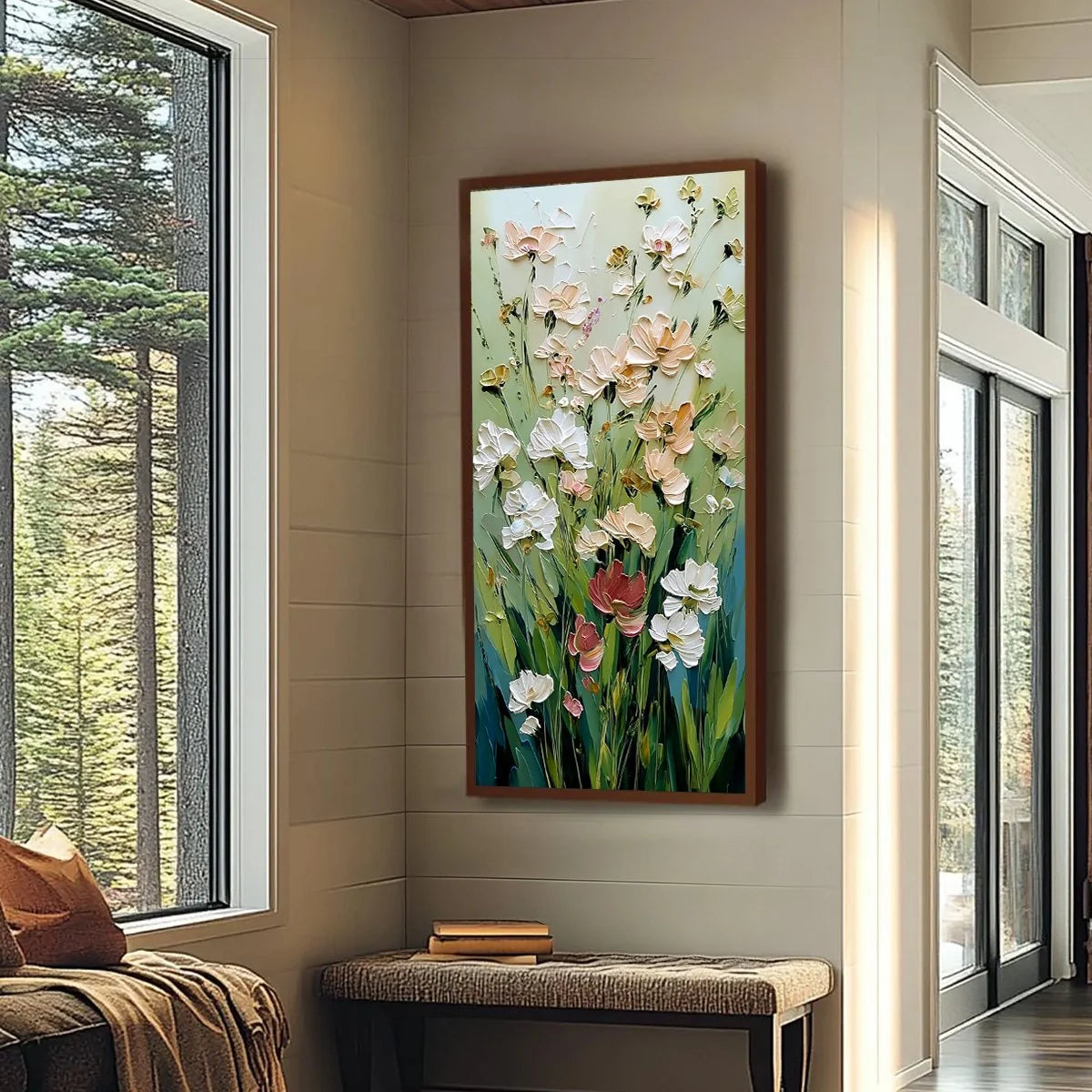 SPRING'S EMBRACE: Vertical Impasto Wildflower Meadow Painting | Abstract mood, soft natural light studio shot