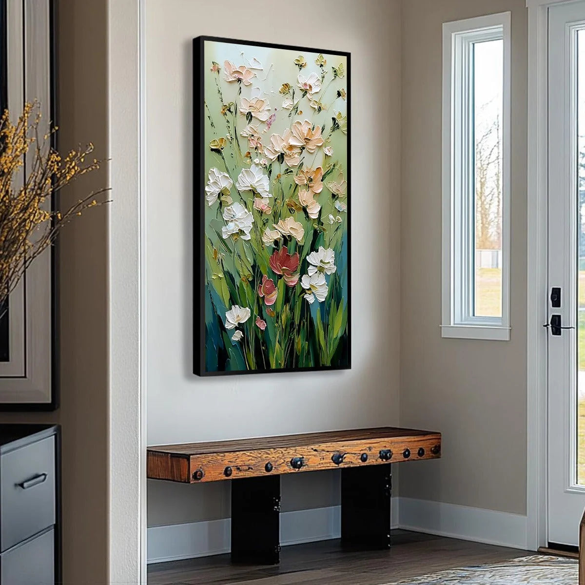 SPRING'S EMBRACE: Vertical Impasto Wildflower Meadow Painting | multi-color palette, original oil on stretched canvas art